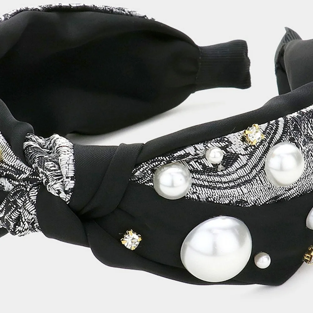 Black Pearl Rhinestone Headband Hair Bling Crystal Jeweled Statement Knot